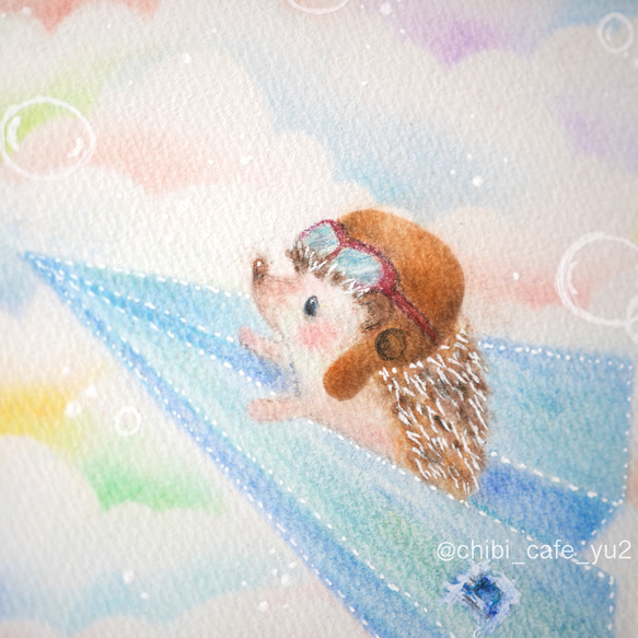 【原画】「デニム飛行機で虹色の空へ」　ハリネズミ　パステルアート　動物　かわいい　イラスト 2枚目の画像