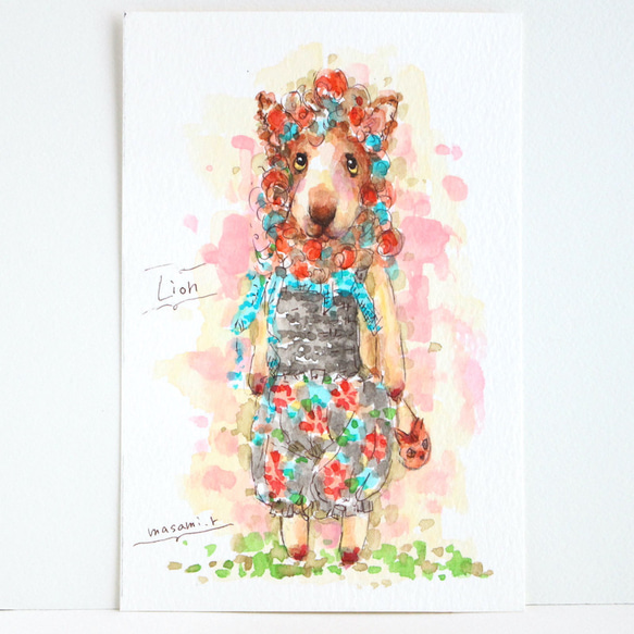 水彩画イラスト ライオンのミニぬいぐるみ Lion 原画 はがき