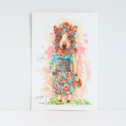 水彩画イラスト ライオンのミニぬいぐるみ Lion 原画 はがき