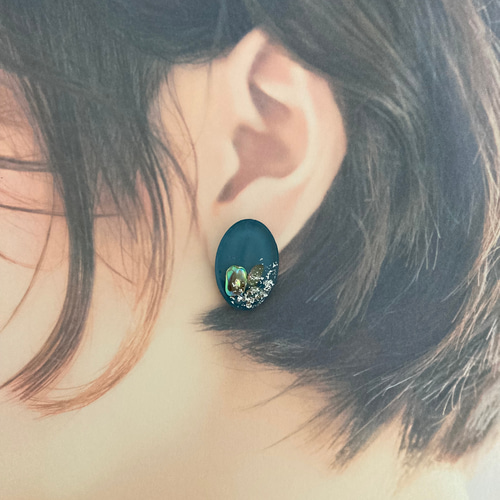 シェル/箔/ニュアンスデザインレジンピアス.イヤリング/ブルー ピアス