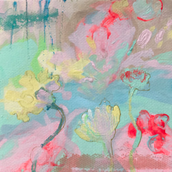 ミニアート◇抽象画「きみににあう色を」アートパネル10㎝角/花/エメラルドグリーン/パステルカラー 5枚目の画像
