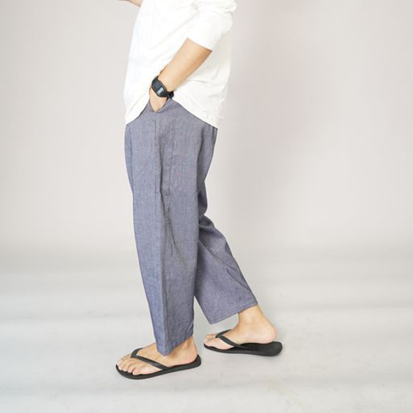 &lt;OSOCU&gt; Sashiko 圖案面料海軍藍赤塔棉褲 第4張的照片