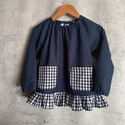 受注80〜160】ギンガムチェック ネイビー 長袖スモック 裾フリル 子供