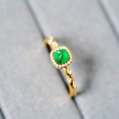 K18YG 天然ダイヤモンド付きエメラルドリング指輪18金0.4ct