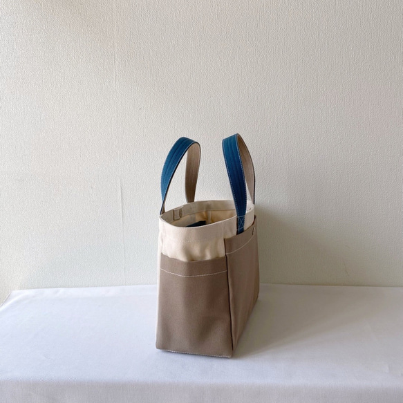 「混合手提包」小號「米色✕礦物藍✕蘑菇」/倉敷帆布尺寸8 [客製] 第4張的照片