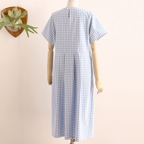 c_o_c_o_r_o 水色/白ギンガムチェック/コットン 半袖 ウエスト切り替え