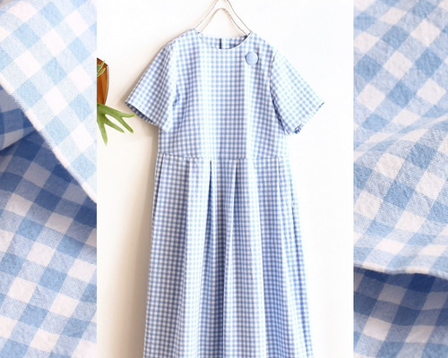水色ギンガムチェック半袖ミニワンピース チェック柄ミニワンピース ギンガムチェック ミニ丈[品番