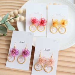 スクエア薔薇とお花のピアス　イヤリング スクエア薔薇お花ピアス イヤリング