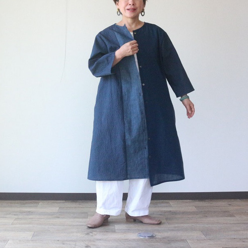 【縞木綿】sizeM~L　ウエスト切り替えワンピース　着物リメイク　2032 縞木綿】sizeM~L ウエスト切り替えワンピース 着物リメイク 2032