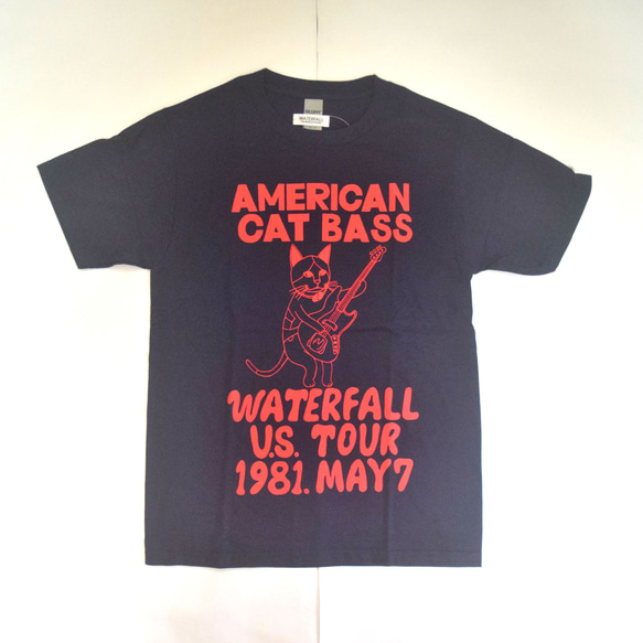 猫ツアーT「猫ベース」（レコードワッペン）　ネイビー　Mサイズ　22新色　WATERFALLオリジナル　生産数量限定品 1枚目の画像