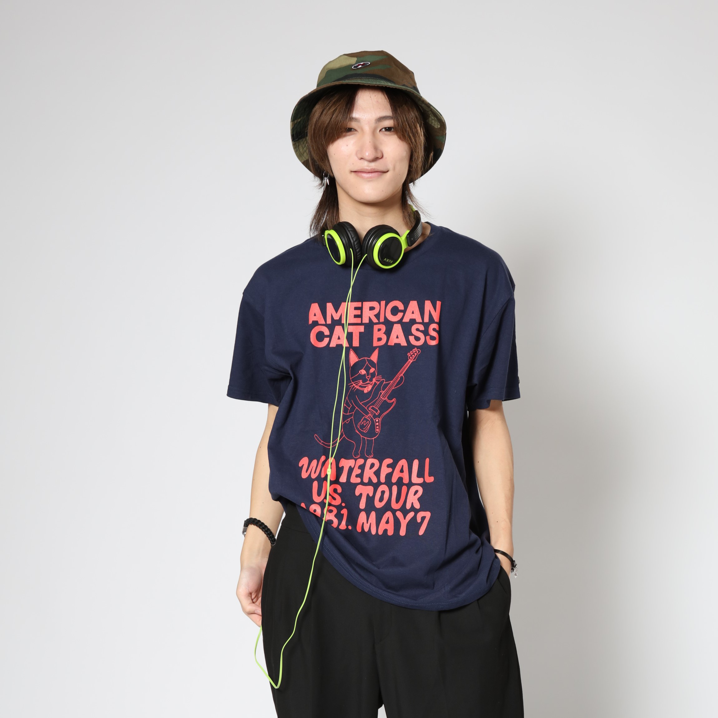 猫ツアーT「猫ベース」（レコードワッペン）　ネイビー　Mサイズ　22新色　WATERFALLオリジナル　生産数量限定品