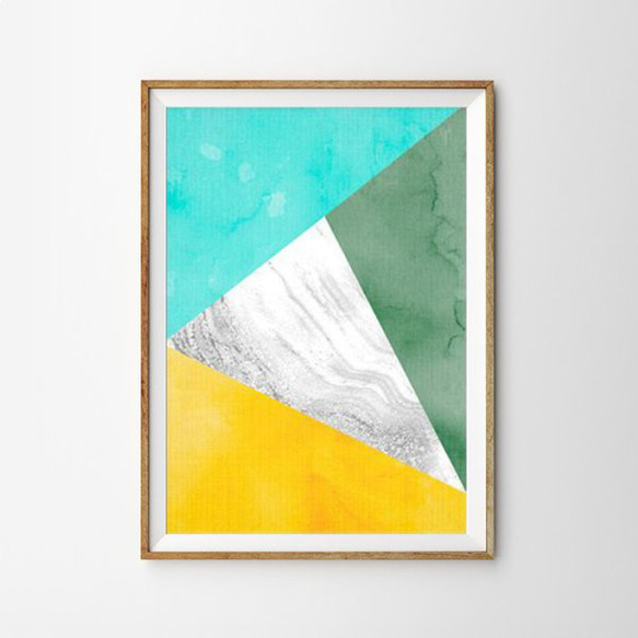 Geometric ジオメトリック トライアングルズ Aqua Green Yellow モダン アートポスター 1枚目の画像