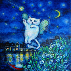 絵画。原画☆キャンバス F10【夜、黒猫が星を抱いて願い事をする】 原画「星空の海のモノトーンキャッツ」 F10号 #猫の絵 #ねこ #海 #猫