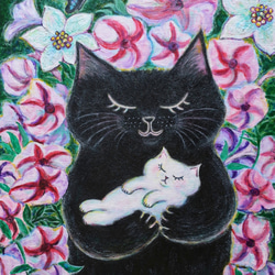 原画 「白い子猫を抱いた黒猫」 F10号 ＃絵画 ＃ねこ ＃黒猫