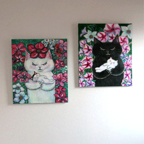 原画 「白い子猫を抱いた黒猫」 F10号 ＃絵画 ＃ねこ ＃黒猫