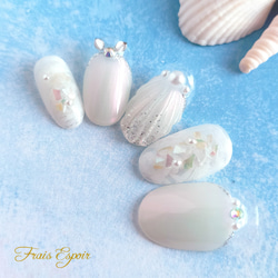 貝殻モチーフのマリンネイル 白ver (夏 海 リゾート ブライダル ネイル