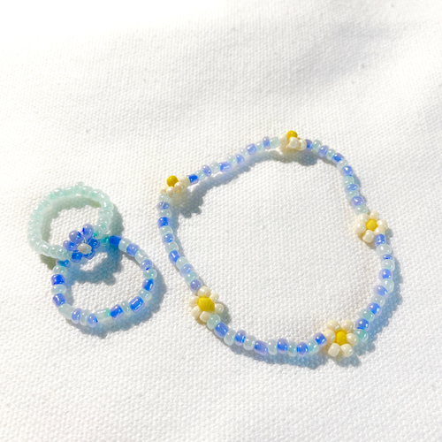 フラワービーズアクセサリー3点セット(水色) ビーズアクセサリー 