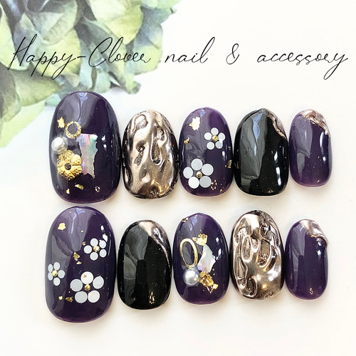 ネイルチップ 和柄ネイル 濃い紫×黒の成人式ネイル 振袖 ネイルチップ