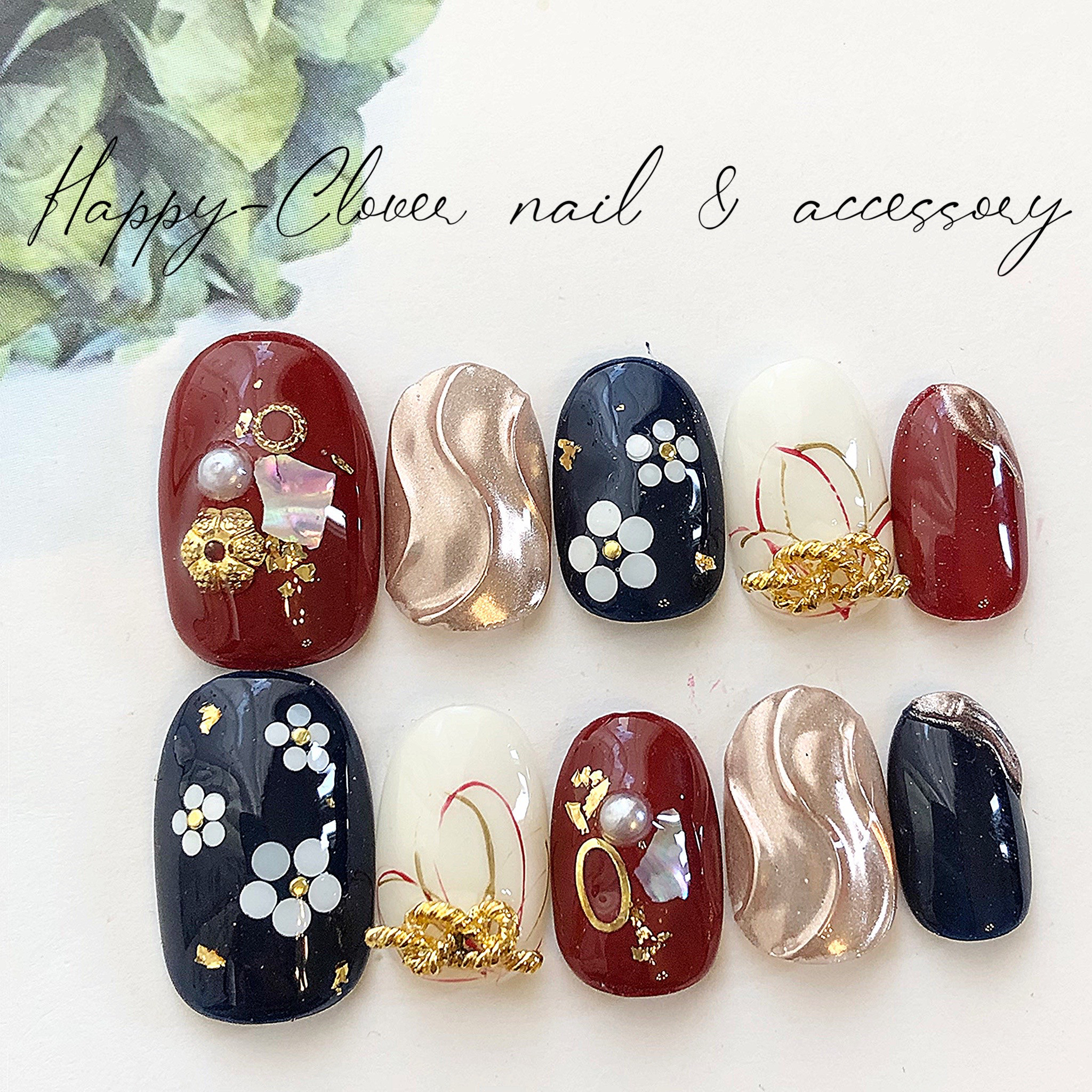 和柄ネイルチップ 赤×濃紺の成人式ネイル 振袖 ネイルチップ（つけ爪  