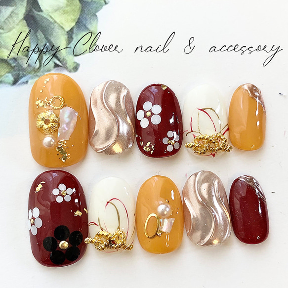 和柄ネイルチップ 赤×黄色の成人式ネイル 振袖 ネイルチップ（つけ爪  
