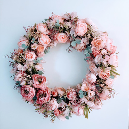 再販》桜とラナンキュラスの春色ピンクリース 大きめのリース 【Creema