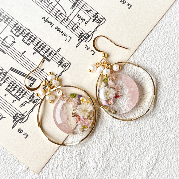 リング×お花のサークル×淡水パールピアス、イヤリング ピアス（フック