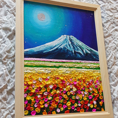 油絵 絵画【月のお花畑と富士山 】 絵画 HR 通販 14487314