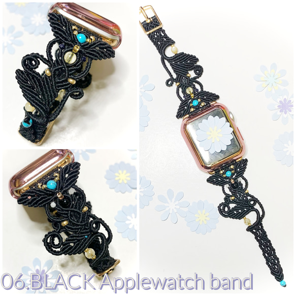 06 ﾀｰｺｲｽﾞApplewatchband アップルウォッチ 腕時計 バンド マクラメ 好きな色·石でお作りします 4枚目の画像