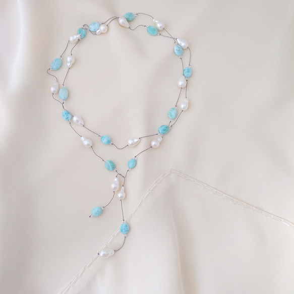 ⭐ルチルクォーツと ラリマーの 石が入った 淡水真珠のネックレス ⭐ルチルクォーツと ラリマーの 石が入った 淡水真珠のネックレス