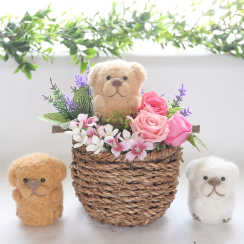 犬種選べる】ピンク系 プリザーブドフラワー 羊毛フェルト 犬 花
