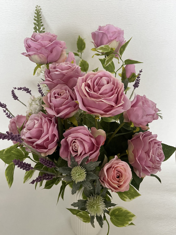 アーティシャルフラワーラベンダーピンク薔薇花瓶付き アートフラワー