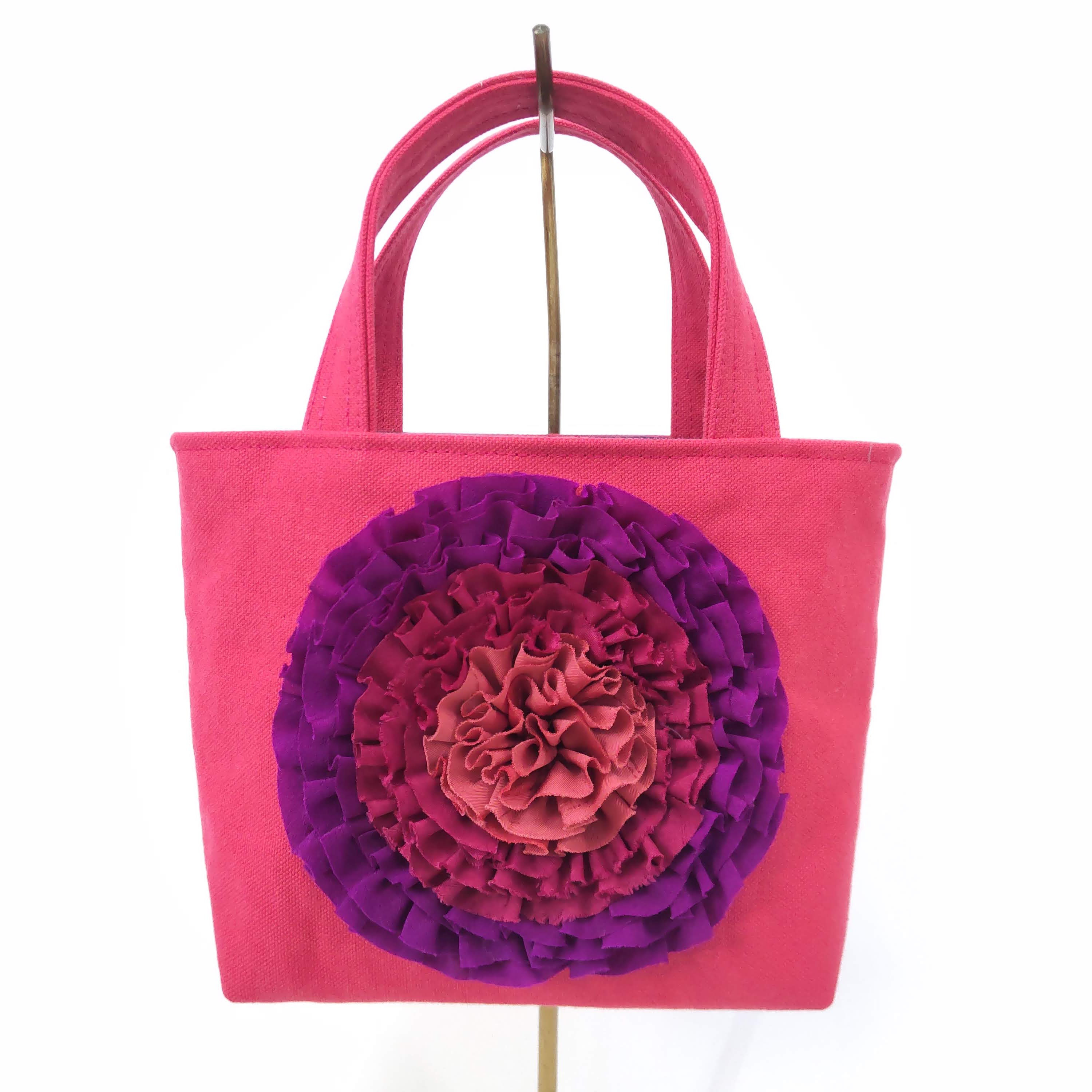お花バッグ：ピンクの帆布×紫花／着物リメイク・国内送料無料・２営業日以内発送／2208b14