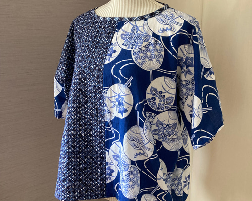 ハンドメイド【浴衣リメイク】三つ葉模様のカットソー 涼しい