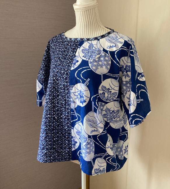 浴衣リメイク】うちわ柄 ゆったりサイズのTシャツ型ブラウス ブラウス  