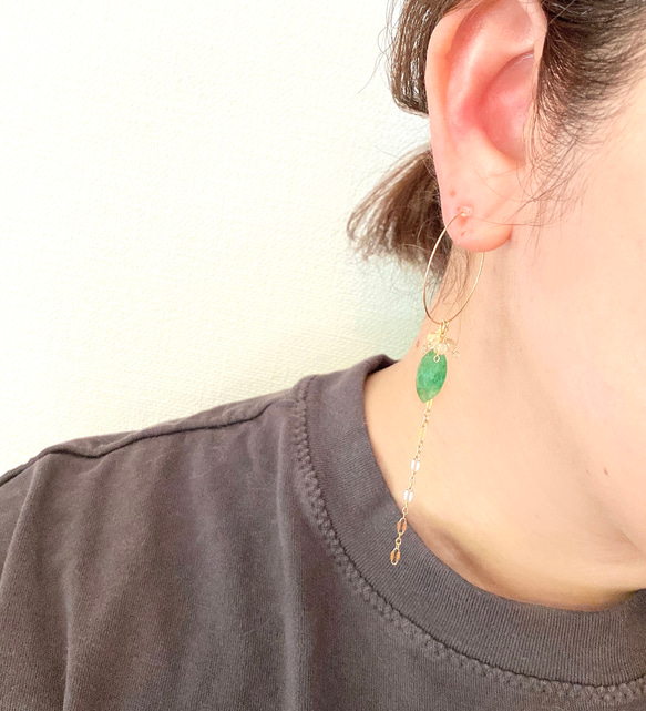 [14kgf] 綠色東陵與黃水晶圈形耳環/耳環 第7張的照片