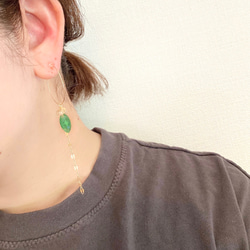 [14kgf] 綠色東陵與黃水晶圈形耳環/耳環 第8張的照片