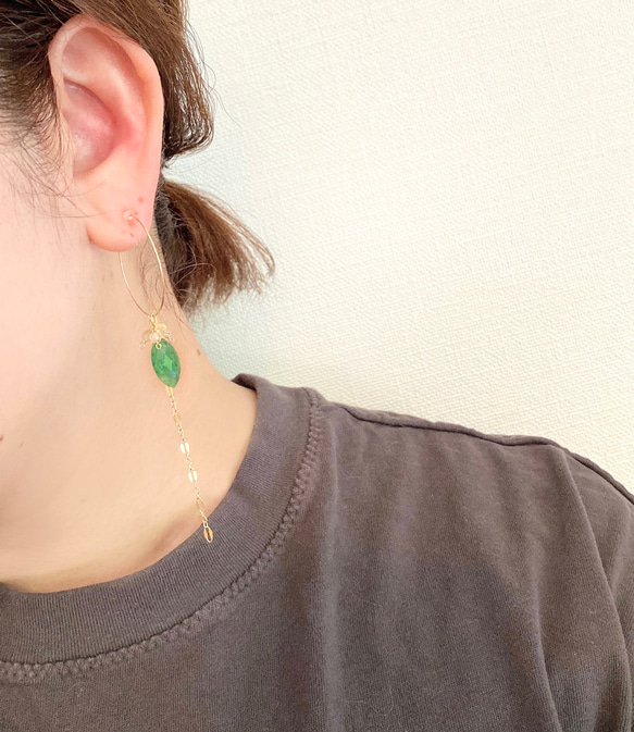 [14kgf] 綠色東陵與黃水晶圈形耳環/耳環 第8張的照片