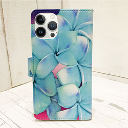 プルメリアの手帳型iphoneケース ハワイアン柄ブックタイプケースかわいい青いお花 スイカ・ID 交通系カード入れ 2枚目の画像