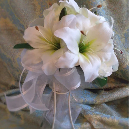 ホワイトユリとバラのロングブーケ 楽天市場】【ブーケ】 ウエディングブーケ/ブライダルブーケ ユリと