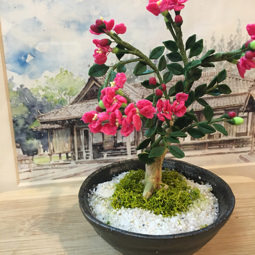 ご依頼品 樹脂粘土製 ミニチュア盆栽〈百日紅〉 アートフラワー