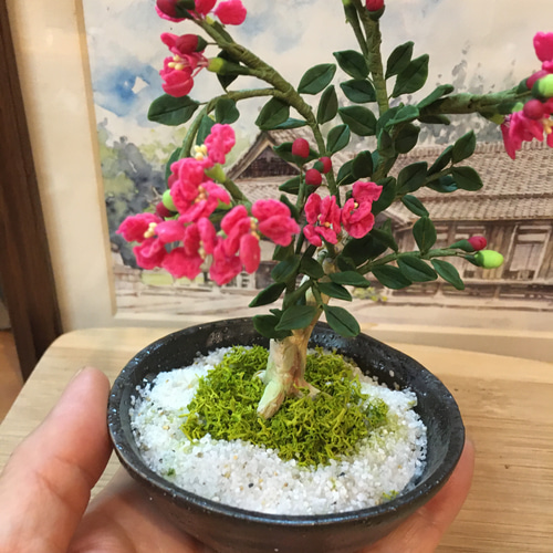 ご依頼品 樹脂粘土製 ミニチュア盆栽〈百日紅〉 アートフラワー AB