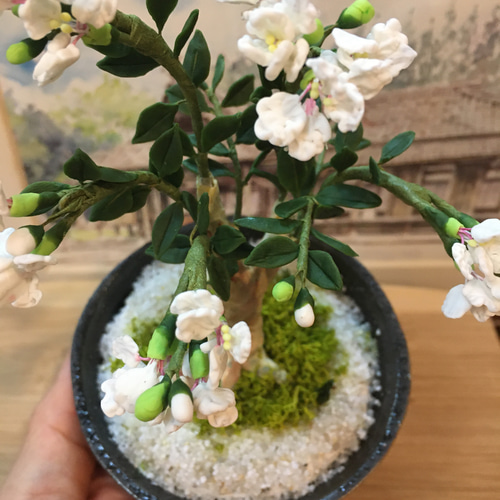 ご依頼品 樹脂粘土製 ミニチュア盆栽〈百日紅〉 アートフラワー AB 