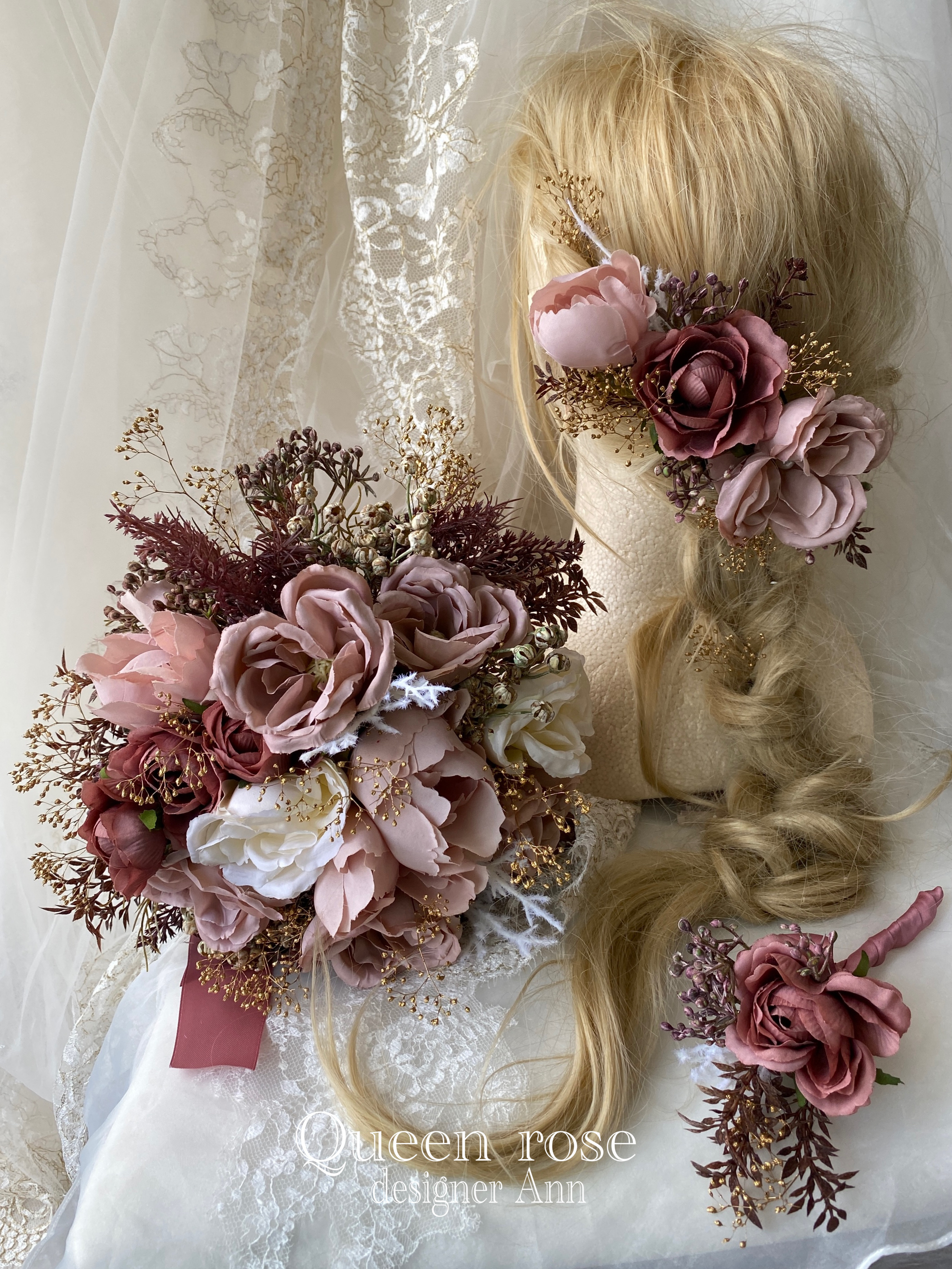 new♡ふんわり上品パステルカラーのプリンセスブーケ&ブートニア2点  