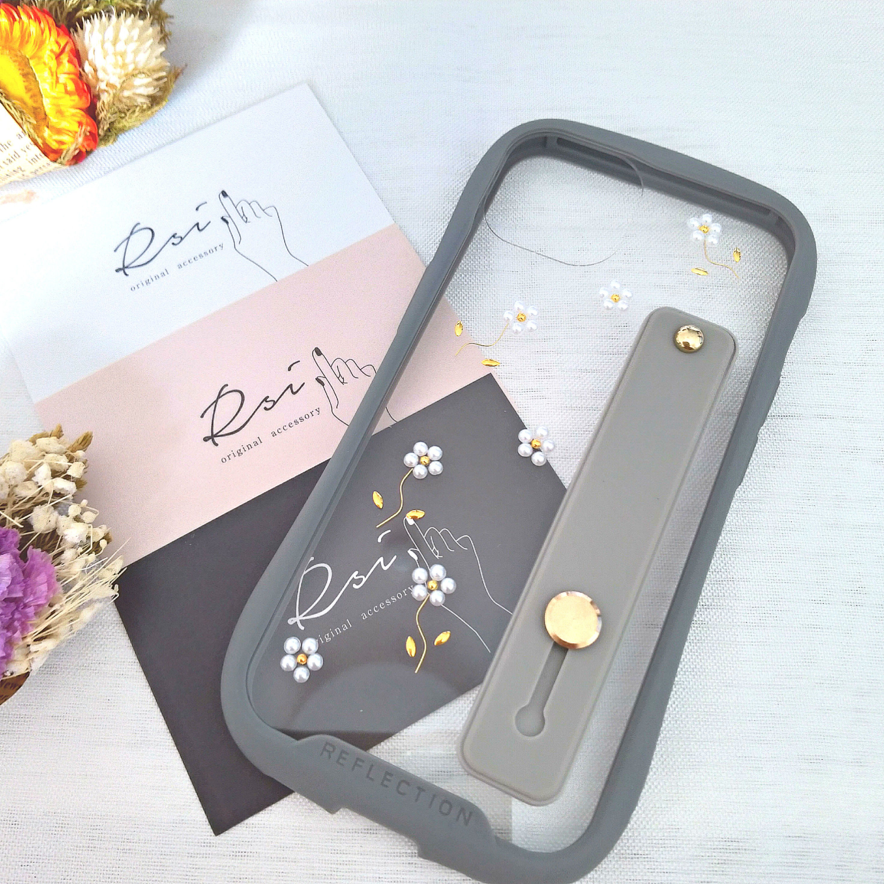 iPhoneケース　スマホケース　ワイヤーとパールのお花のスマートフォンケース