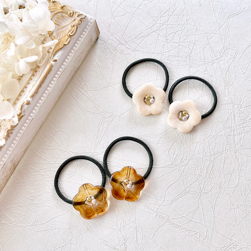 秋 ニュアンスカラーブラウン フラワーレジンヘアゴム