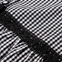 黒と白のチェック柄レトロ フリル レース ステッチ シャツ綿肌にやさしい小さな露出鎖骨長袖シャツ トップ 6枚目の画像