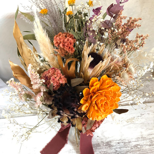 秋色＊プロテアのドライフラワーブーケ＊ドラマチックテラコッタ（全長