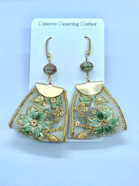 印度刺繡絲帶流蘇淺綠色捷克珠手術不銹鋼耳環/耳環 第6張的照片