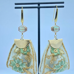 印度刺繡絲帶流蘇淺綠色捷克珠手術不銹鋼耳環/耳環 第5張的照片