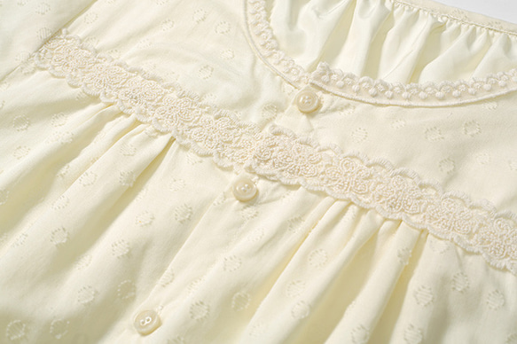 白い水玉レースの袖小さなラウンド ネック スウィート ドレス コットン プリント 2 層裏地反透けドレス 5枚目の画像